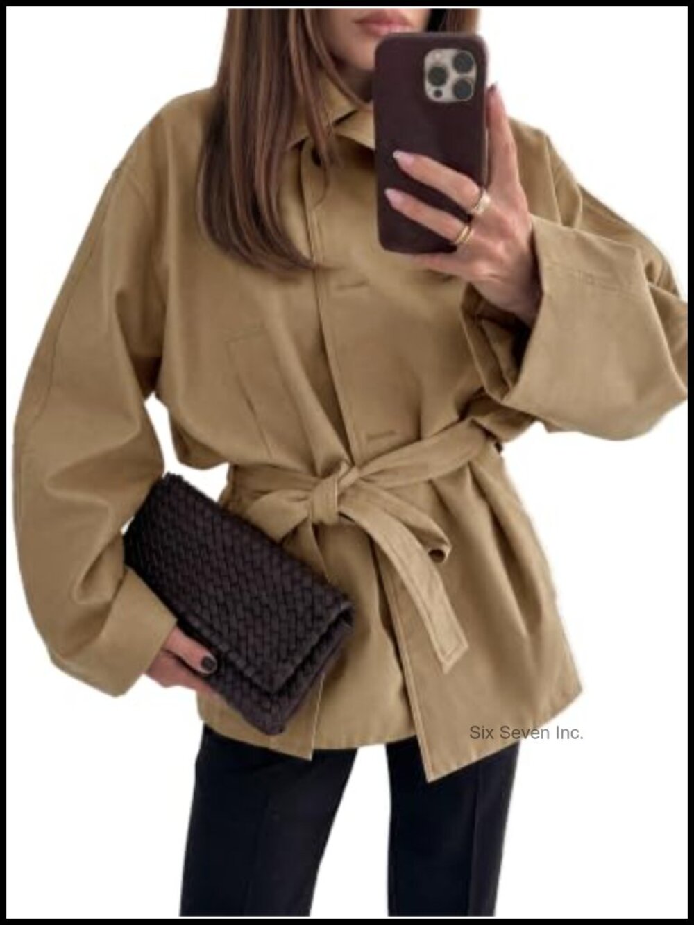 Oversized Short Trench Coat Stand Collar Button Belted Jacket